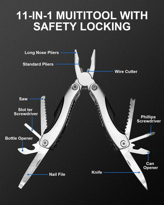 UNOONE 11-in-1 Multitool Pliers - Stainless Steel Pocket Knife with Pliers, Screwdriver & Bottle Opener - Aluminum Handle EDC Knives for Survival, Camping, Hunting, Hiking - Gift for Men Women (Blue)