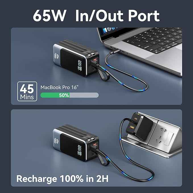 Fast Charging Power Bank 18400mAh 65W Portable Laptop Charger, LCD Display, Travel Essential Battery Pack with Built-in USB-C & Lightning Cables for iPhone 16/15/14/13/12 MacBook Samsung