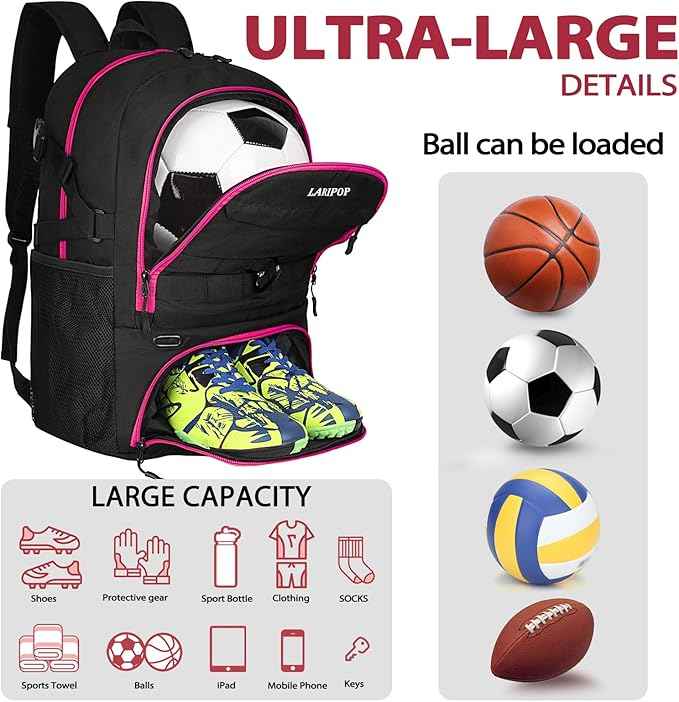 LARIPOP Soccer Backpack Soccer Bag with Ball Holder & Shoe Compartment Youth Sports Equipment Training Bag