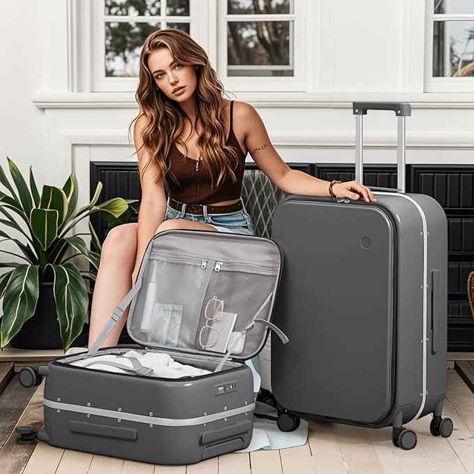 mixi 24 Inch Checked Luggage PC Hard Shell Suitcase Top Opening Aluminum Frame Travel Suitcases with Wheels, Rock Gray