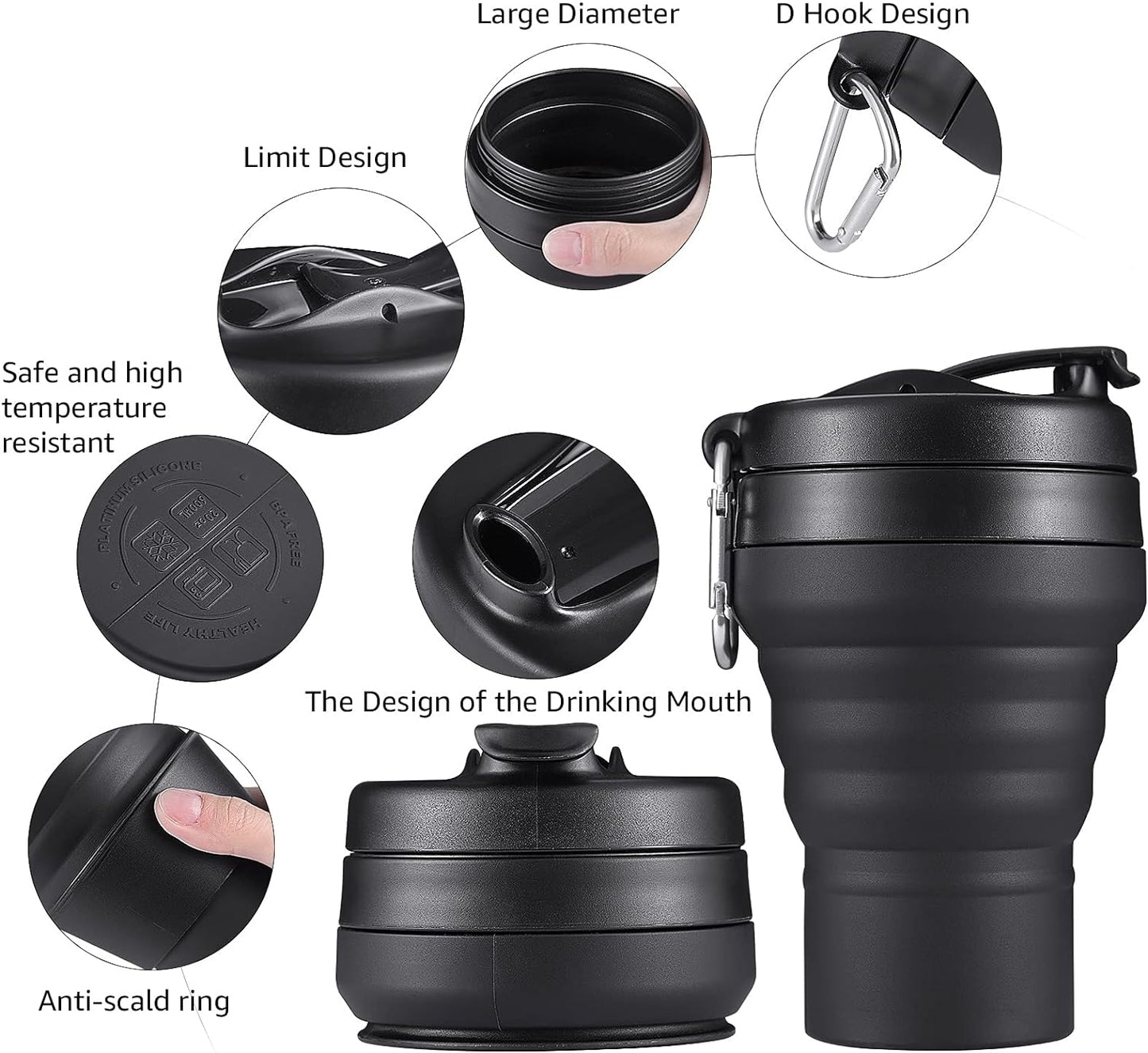 Collapsible Coffee Cup, 20 OZ 600ml Silicone Travel Folding Cup, Leak Proof BPA Free Portable Cup, Travel mug with Lids for Camping hiking (20OZ)