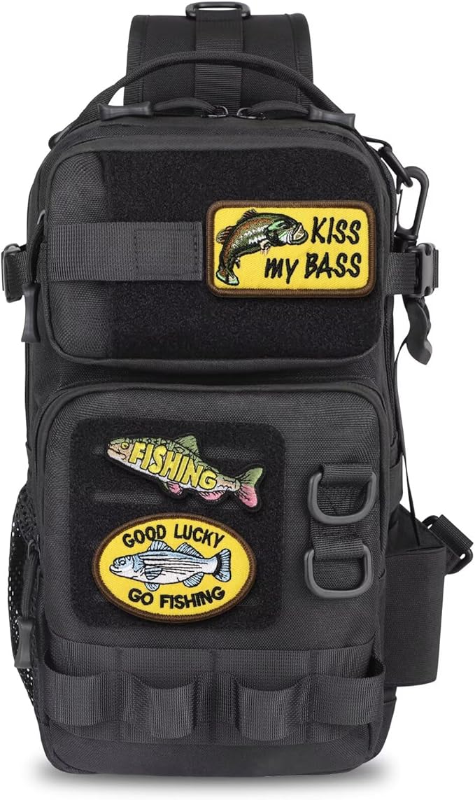 Dovesun Small Fishing Backpack with Tackle Boxes Fishing Sling Bag DIY Embroidery Patches Tackle Bag Gift for Men Black