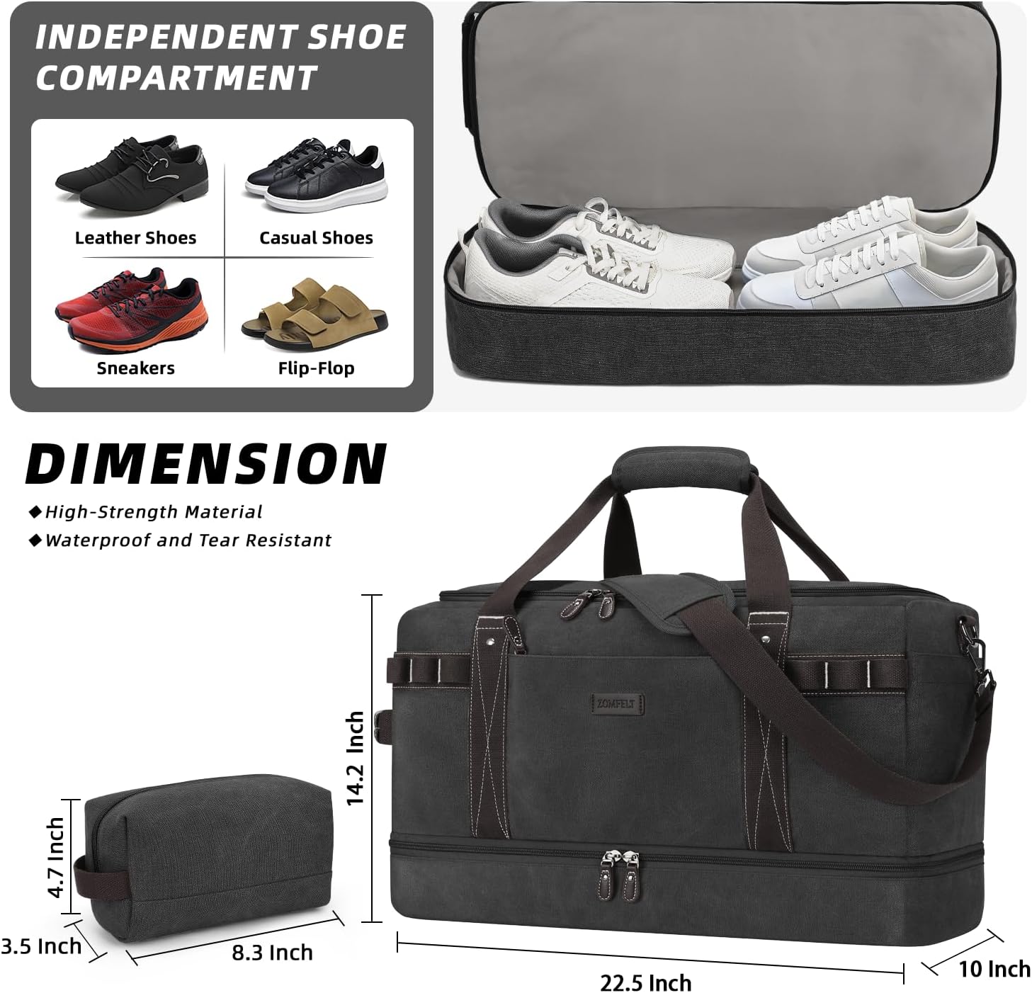 ZOMFELT Travel Duffle Bag for Men, Waterproof Canvas Overnight Duffel Bag with Removable Dividers & Shoe Compartment, Carry On Weekender Gym bag, Multi-Pocket & Vintage Design (Washed Black) - Roamly