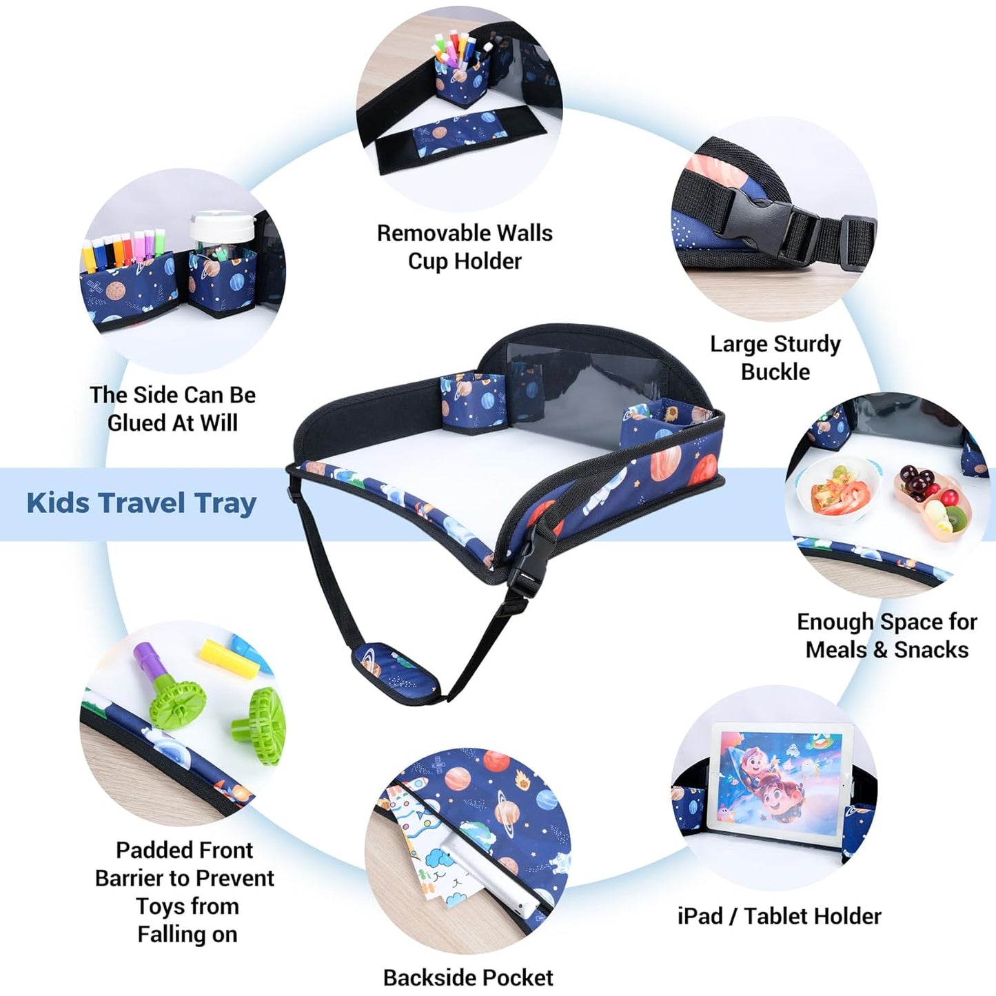 COOLBEBE Kids Travel Tray for Toddler Car Seat, Travel Tray for Airplane, Toddler Car Seat Lap Tray, Carseat Table Tray for Kids Travel Activities (Blue Space)