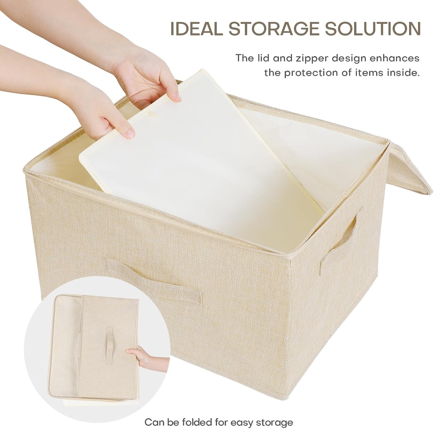 ANMINY Storage Bins with Zipper Lids 36 Qt Lidded Fabric Storage Boxes Baskets Cubes with Handles Collapsible Washable Cotton Linen Closet Shelf Clothes Organizer Containers - Beige, Large