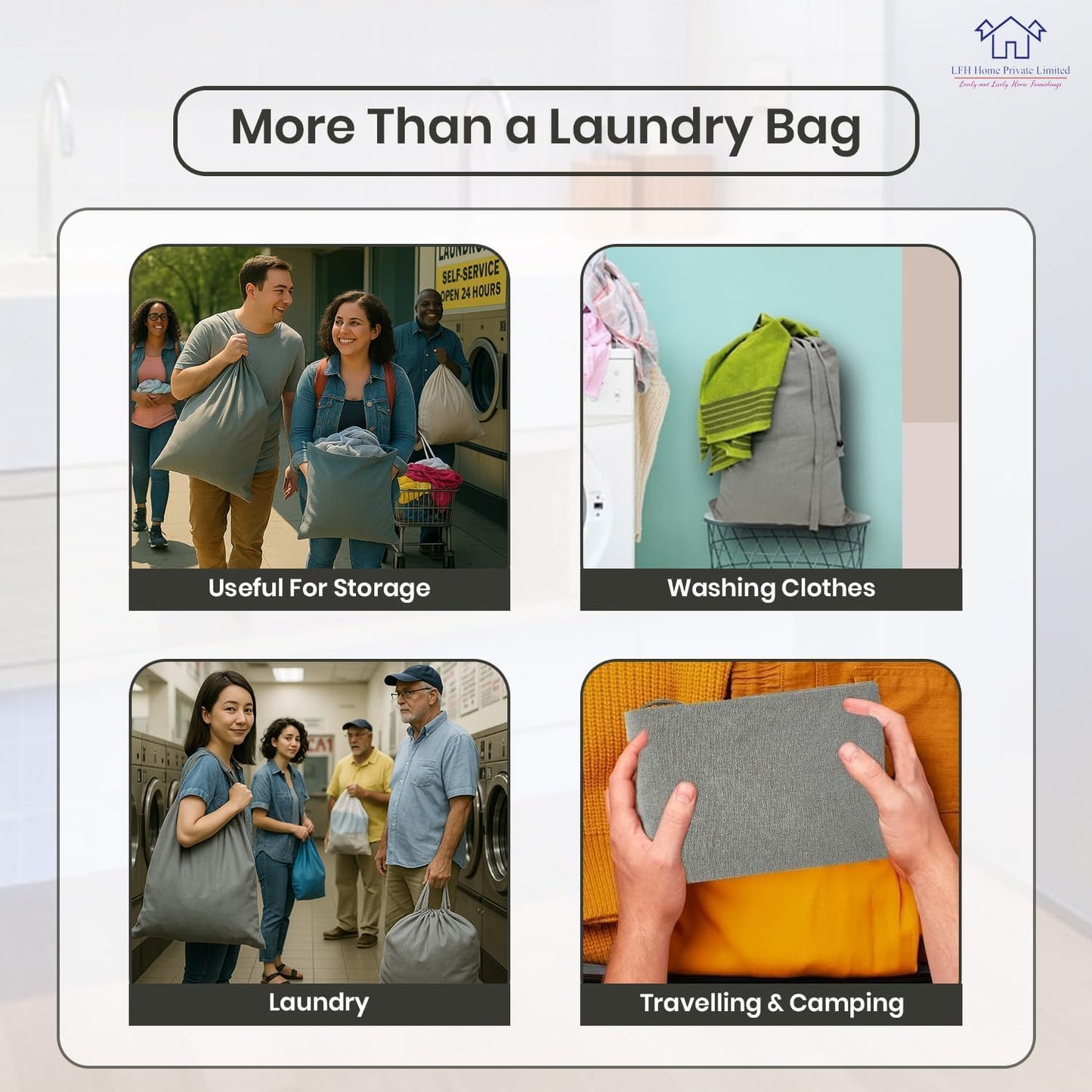 LFH Home Cotton Canvas Large Laundry Bag with Handle, Heavy Duty Drawstring Closure Washable Laundry Bags, School Travel, Home, Hotel, College Dorm, Organizer Sack, Toys Clothes 28x36 (Pack of 4)-Grey
