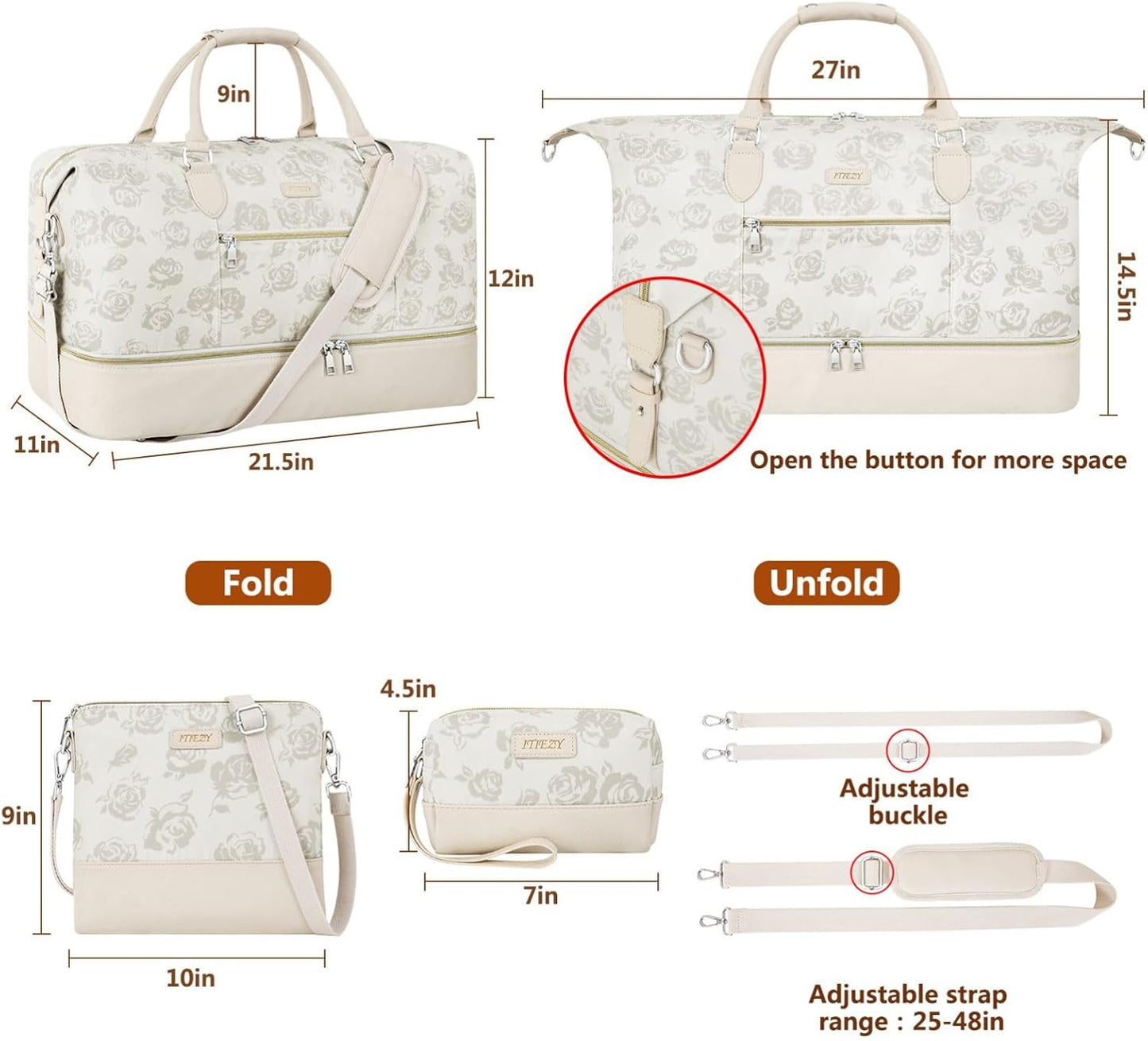Weekender Bag for Women, Travel Duffel Bag Carry On Overnight Bag with Shoe Compartment Large Nylon Travel Weekend Tote Bag - Roamly