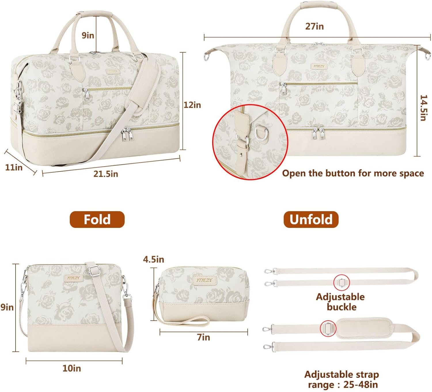 Weekender Bag for Women, Travel Duffel Bag Carry On Overnight Bag with Shoe Compartment Large Nylon Travel Weekend Tote Bag - Roamly