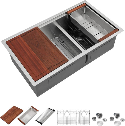 Dcolora 33 Inch Double Bowl Kitchen Sink Undermout Workstation 16 Gauge Stainless Steel Sinks Spacious 60/40 Split Double Basin Under Counter, 33"x19"x10" DC-U7710