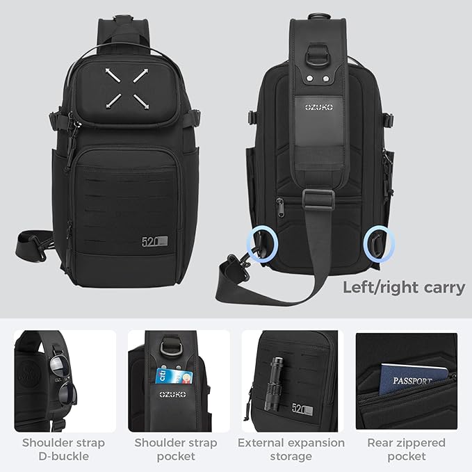 OZUKO Tactical Sling Bag, Black Small Crossbody Backpack for Men, Casual Shoulder Chest Bag for Travel, Work & Everyday Use