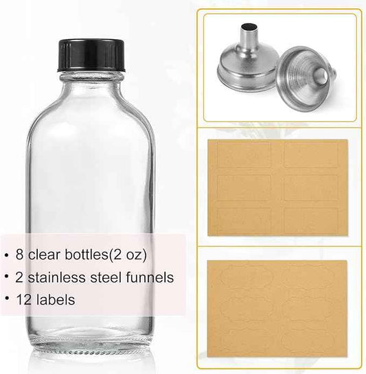 AOZITA 8 Pack, 2 oz Small Clear Glass Bottles w/Lid & 2 Funnels - 60ml Boston Shot Bottles for Health, Immunity, Potion, Wellness, Sample, Ginger, Juice - Mini Personal Care & Beauty Travel Bottle