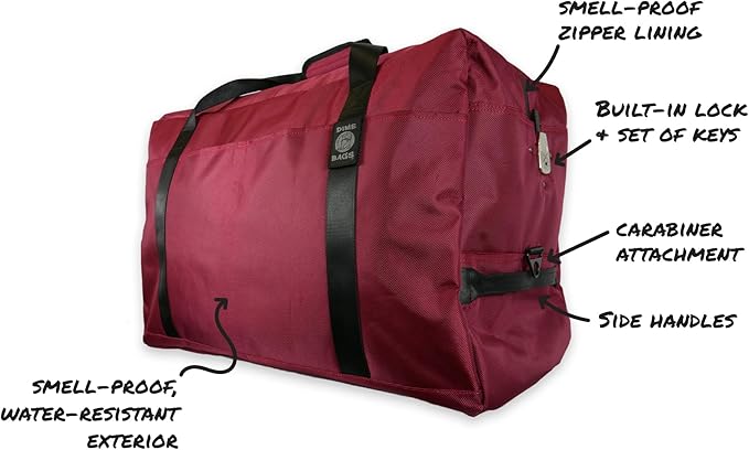 Dime Bags Odor Sealing Large Duffle Bag with Lockable Zipper for Travel Protection, Carbon-Lined for Scent & Spill Protection, Water-Resistant Polyester Exterior, 9 Compartments for Storage (Oxblood)