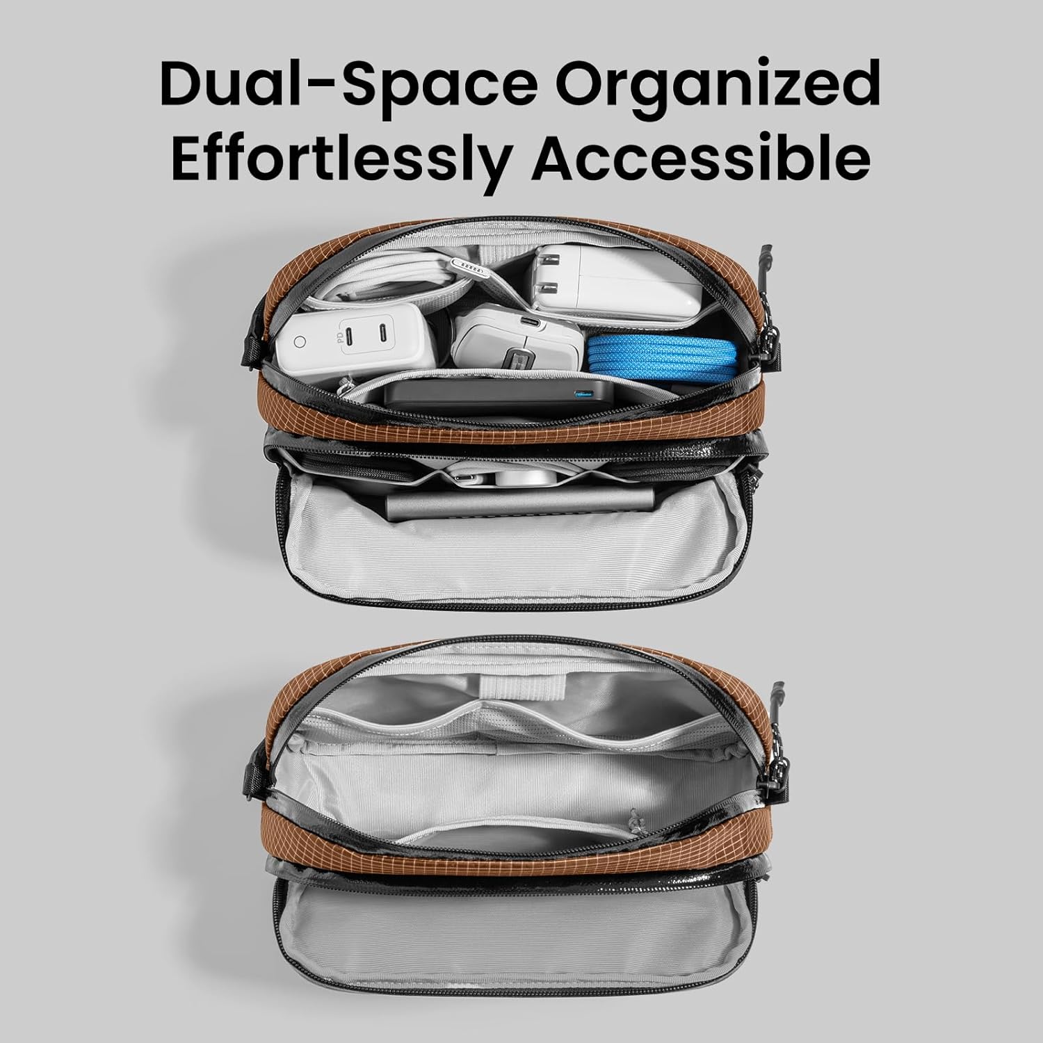 tomtoc Electronic Organizer Travel Case Performance, Water Resistant Dual Compartment Cable Organization Storage Bag for Charger, Cord, Phone, Hard Drive, Power Bank, Accessories Travel Essentials - Roamly