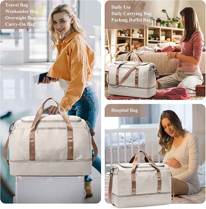 Extra Large Travel Duffle Bag,Carry on Overnight Weekend Bag with Shoes Compartment,Weekender Bags for Women for Travel Business Trips Sport Hospital,3 Pcs Set,Beige & Brown