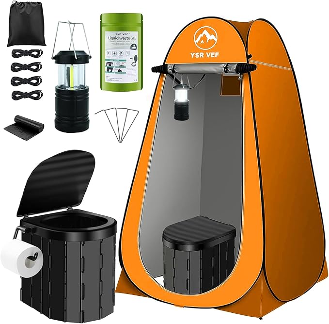 Portable Toilet Kit, Camping Toilet with Pop-Up Privacy Tent and Poo Gel Toilet Bags, Washable Portable Outdoor Showers Changing Rooms