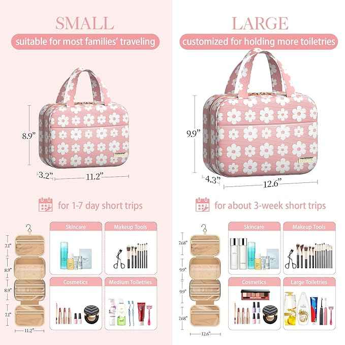 HOTOR Travel Toiletry Bag - Hanging Toiletry Bag for Women & Men, Makeup Bag/Big Comparment, Waterproof for Travel Accessories, Travel Essentials, Medium, Pink with White Daisy