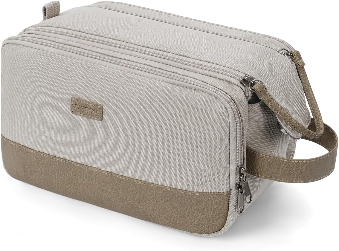 WANDF Toiletry Bag for Men Travel Toiletry Organizer Canvas and Leather Dopp Kit Water-Resistant Shaving Bag for Travel Accessories (Cream Beige, Large) - Roamly
