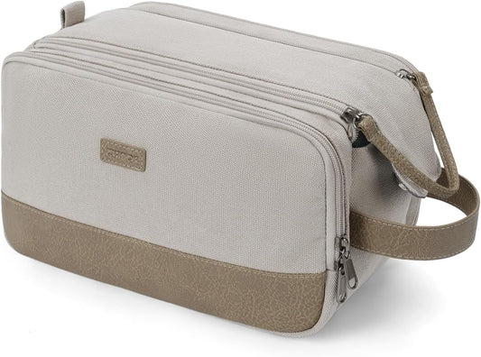 WANDF Toiletry Bag for Men Travel Toiletry Organizer Canvas and Leather Dopp Kit Water-Resistant Shaving Bag for Travel Accessories (Cream Beige, Large) - Roamly