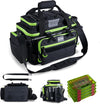 Goture Fishing Tackle Bag with 4pcs 3600 Tackle Boxes, 600D Water-Resistant Soft Side Saltwater Gear Storage Fishing Bag with Rod Straps, Detachable Water Bottle Pouch, Waterproof Bottom, SBS Zippers