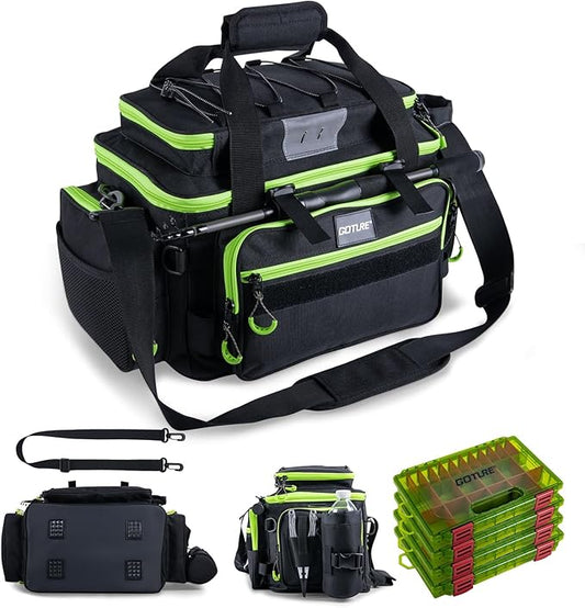 Goture Fishing Tackle Bag with 4pcs 3600 Tackle Boxes, 600D Water-Resistant Soft Side Saltwater Gear Storage Fishing Bag with Rod Straps, Detachable Water Bottle Pouch, Waterproof Bottom, SBS Zippers