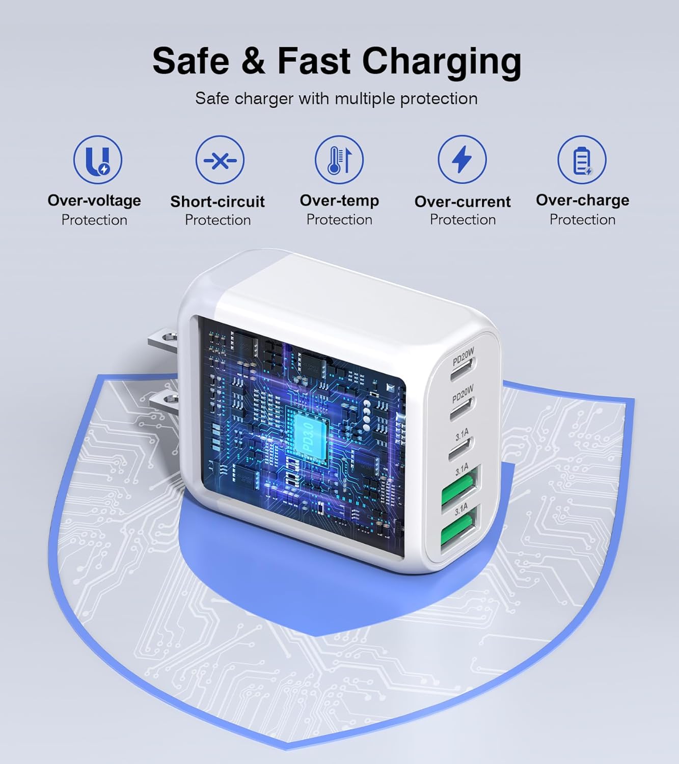50W USB C Wall Charger Block, 2Pack 5-Port C Charger Fast Charging Block Dual PD Power Adapter&QC 3.0 Wall Plug Multiport Type C Charging Cube Brick for iPhone 16/15/14/13/12 Pro Max, iPad,Samsung - Roamly