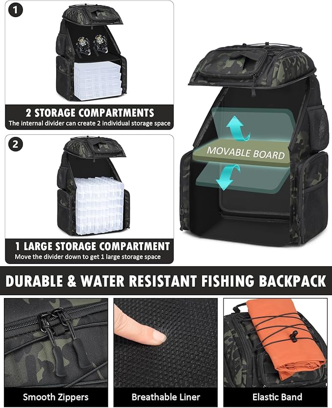 HAMBOLY Fishing Backpack with Tackle Boxes, 50L Fishing Tackle Bag with Cooler & Rod Holders, Waterproof Tackle Bag for Men