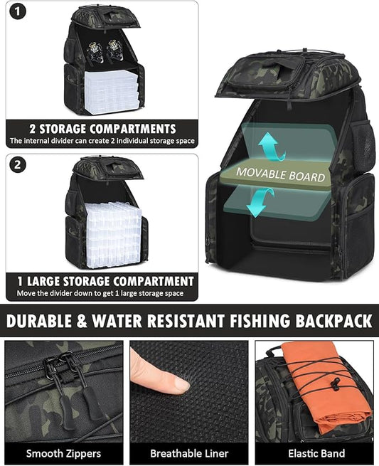 HAMBOLY Fishing Backpack with Tackle Boxes, 50L Fishing Tackle Bag with Cooler & Rod Holders, Waterproof Tackle Bag for Men