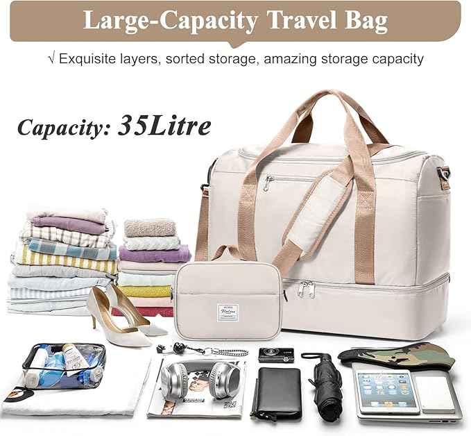 Travel Duffel Bag for Women, Carry-on Overnight Weekender Bags with Wet Pocket & Toiletry Bag, For Spirit Airlines 18x14x8 Personal Item Bag,Small,Beige & Brown