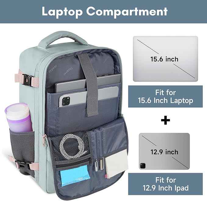 Taygeer Personal Item Backpack for Men Women, Travel Backpack Carry on Luggage Flight Approved with Water Bottle Pocket & Shoe Pouch, Large Weekender Work Bag for Hiking Gift, Gray Powder