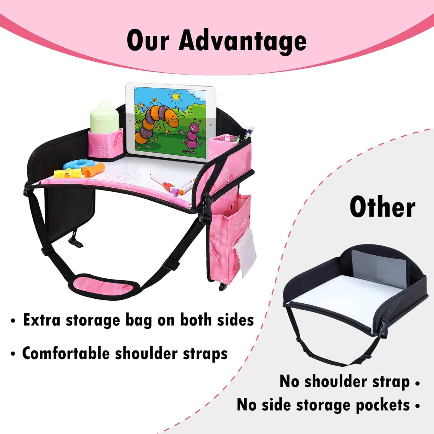 Kids Travel Tray, Travel Tray for Kids Car Seat, Toddler Car Seat Lap Tray, Carseat Tray for Kids Travel, Carseat Table Tray for Kids Travel Activities (Light Pink)