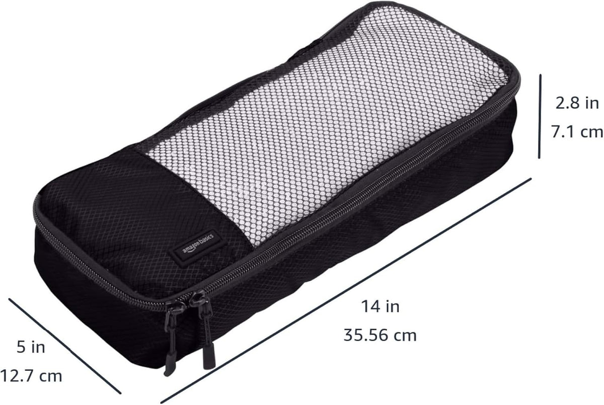 Amazon Basics Slim Packing Cubes for Travel, Packing Organizers, 4-Piece-Set With Double Zipper Pulls and Mesh Top Panel, 100% Durable Polyester, Black, 14"L x 5"W x 3"H - Roamly