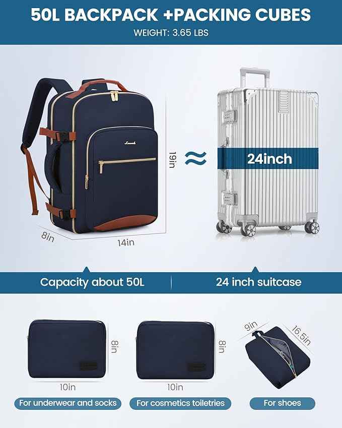 LOVEVOOK Travel Backpack for Women & Men 50L,Airline Approved Carry On Backpack Travel Essentials,TSA Carry on Luggage,Waterproof Personal Item Travel Bag,Suitcase with 3 Packing Cubes,Dark blue-Brown