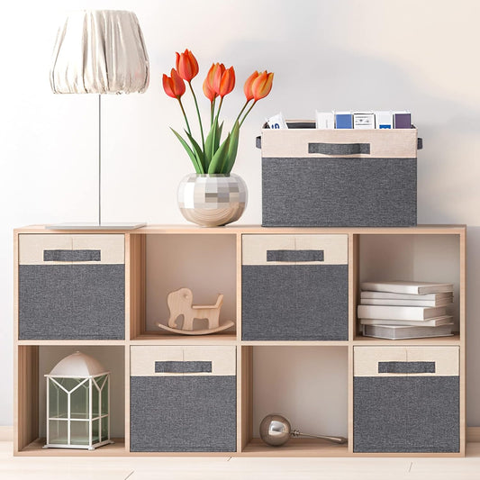 GhvyenntteS Large Fabric Storage Bins for Shelves with 3 Handles, 15x11x9.6 Inch Closet Storage Bins, Sturdy Foldable Storage Baskets for Shelves Closet Bedroom Living Room Office (Beige, Set of 3)