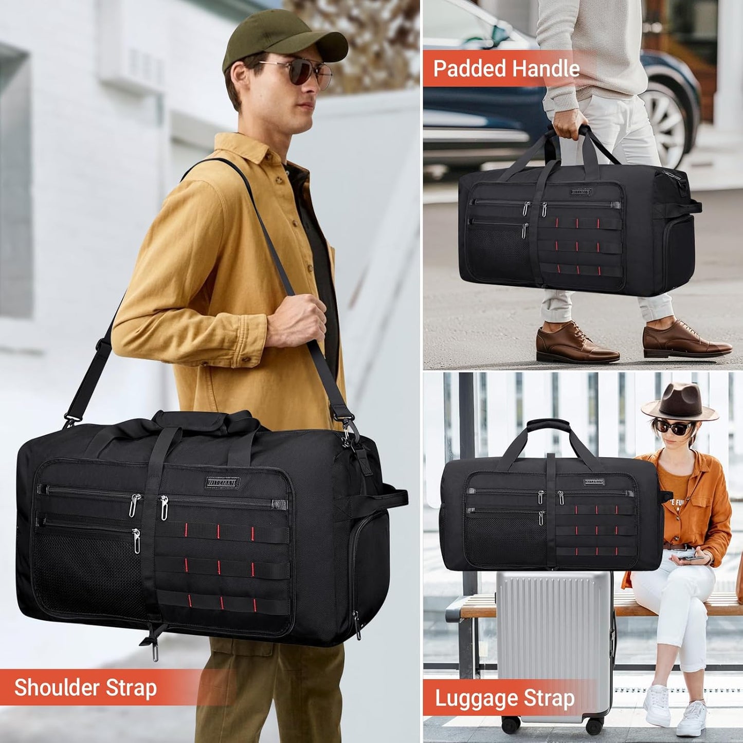 WITZMAN Foldable Duffle Bag for Travel 65L Lightweight Packable Duffel Bag with Shoes Compartment Overnight Bag for Men Women (B697 Black) - Roamly