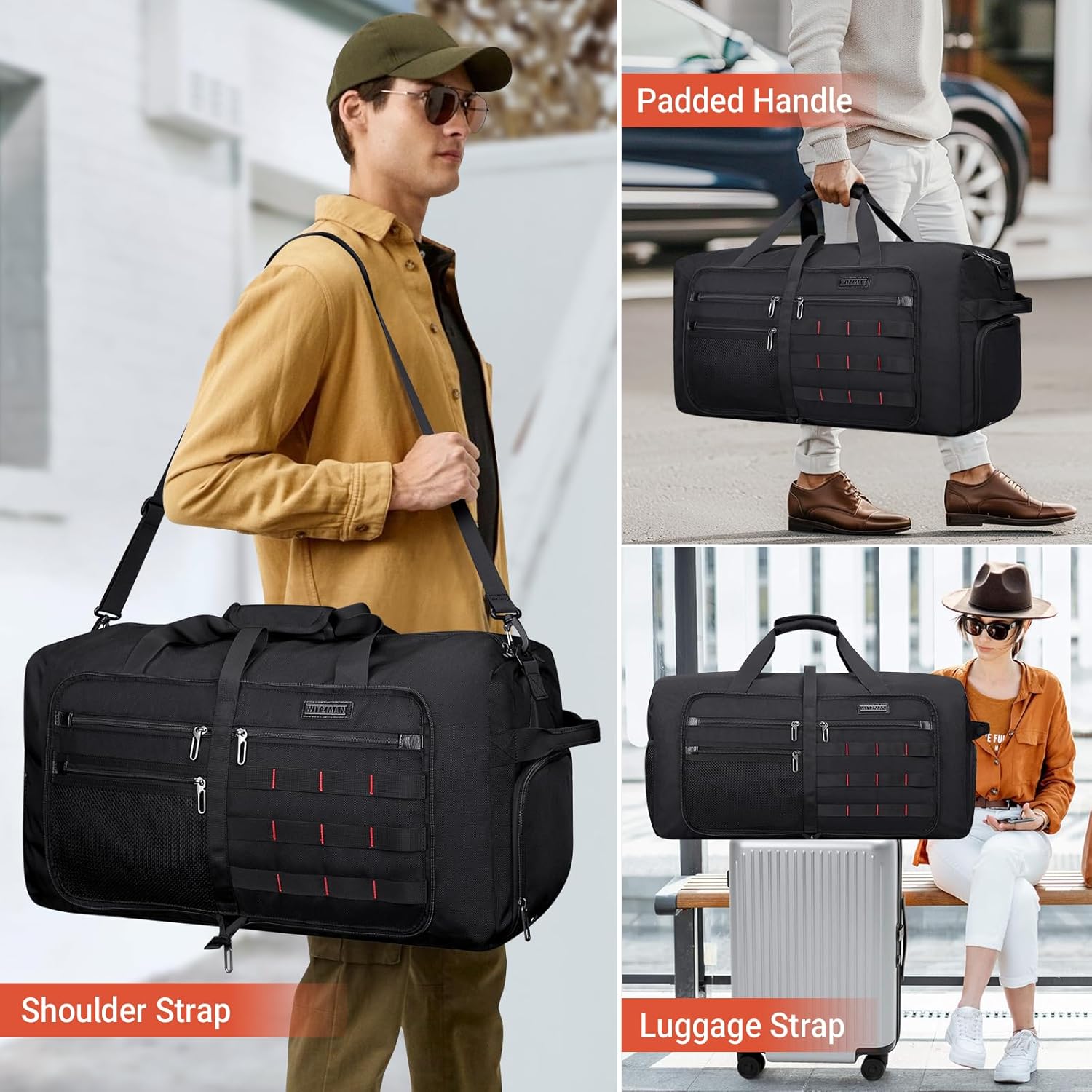 WITZMAN Foldable Duffle Bag for Travel 65L Lightweight Packable Duffel Bag with Shoes Compartment Overnight Bag for Men Women (B697 Black) - Roamly