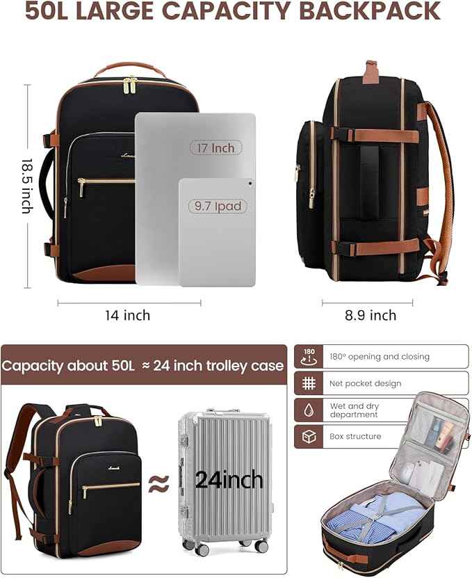 LOVEVOOK 50L Travel Backpack for Women & Men, Airline Approved Carry On Luggage with 3 Packing Cubes, TSA Overnight Bags, Waterproof Personal Item Bag, Weekender Essentials Backpacks fits 17" Laptop