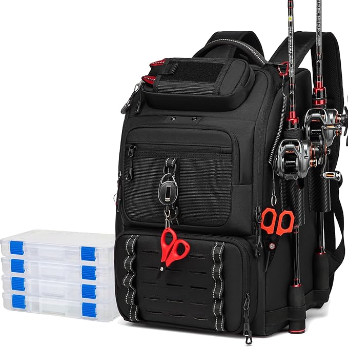 Fishing Tackle Backpack,40L Tackle Bag with 2 Rod Holders,Water-Resistant Large Storage Fishing Gear and Equipment(Black,4 Tackle Boxes)