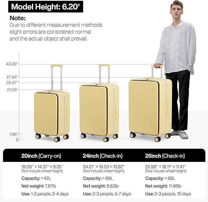 mixi 26 Inch Large Checked Luggage PC Hard Shell Suitcase Top Opening Aluminum Frame Travel Suitcases with Wheels, Lark Yellow
