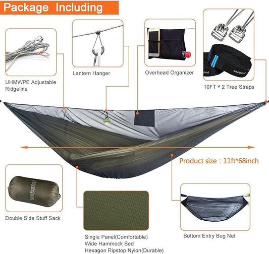 onewind 11ft Camping Hammock with Bugnet, Portable Double Hammock with Mosquito Net, Backpacking Hammock with Net Adjustable Ridgeline Tree Straps for Outdoor Hiking Backpacking, OD Green