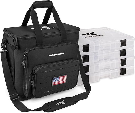KastKing Karryall Fishing Tackle Bags with 4 * 3700 Tackle Trays, Fishing Bags for Saltwater or Freshwater Fishing - Fishing Gear Storage, Black