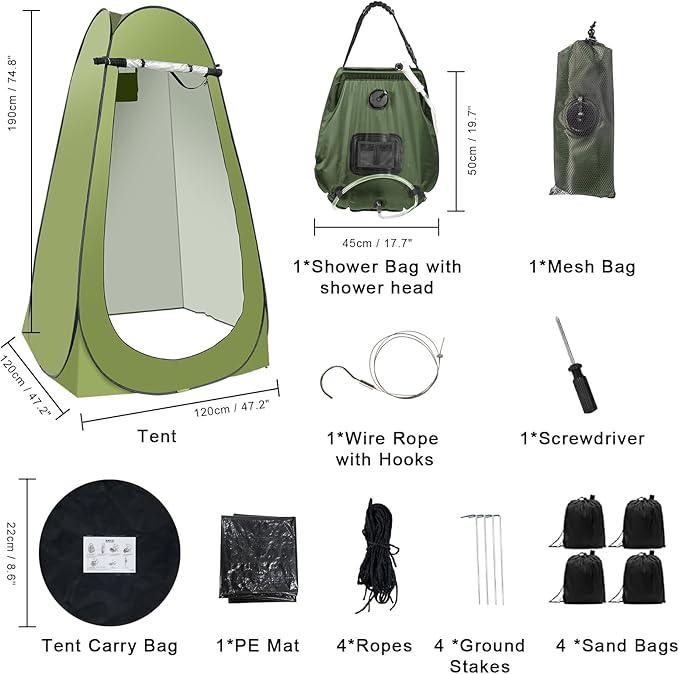 Portable Camping Privacy Tent, Outdoor Shower Tent Kit with 5 Gallon Shower Bag-(Nozzle Upgraded)