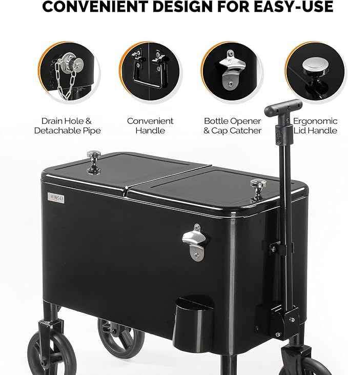VINGLI 80 Quart Wagon Rolling Cooler Ice Chest, w/Long Handle and 10" Wheels, Portable Beach Patio Party Bar Cold Drink Beverage, Outdoor Park Cart on Wheels