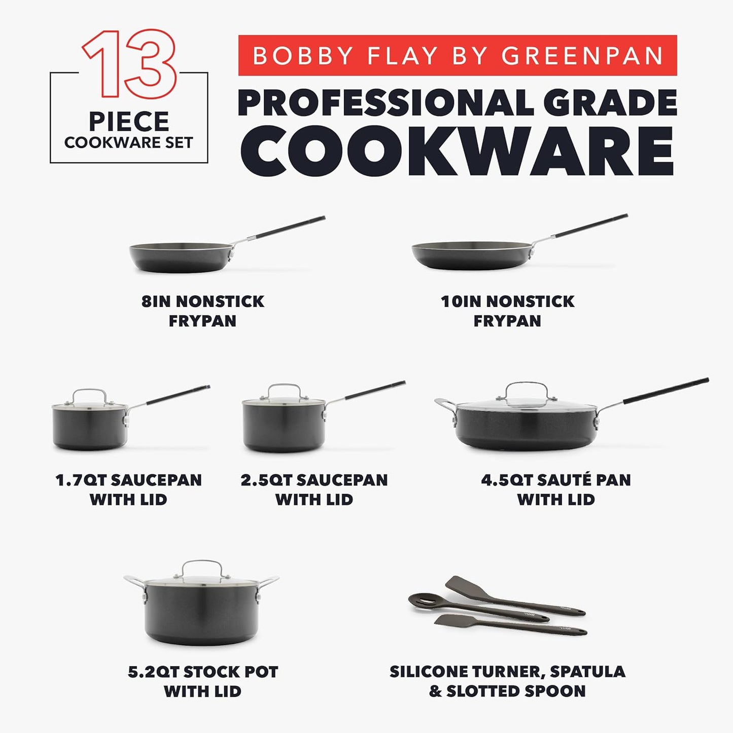 GreenPan x Bobby Flay 13 Piece Nonstick Cookware Pots and Pans Set, PFAS-Free Diamond Ceramic, Induction Suitable, Easy Clean Dishwasher & Oven Safe, Stay-Cool Silicone Handles, Glass Lids, Graphite