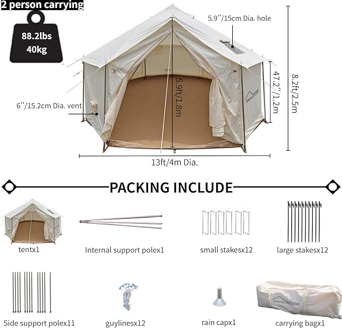 DANCHEL OUTDOOR B6 Luxury Glamping Wall Tent w/Stove Jack, No Center Pole, Higher Side Wall, 900D Flame Retardant Oxford for 4 Season 4-6 Person Family Yurt Cabin Glamping Camping,13ft/16.4ft