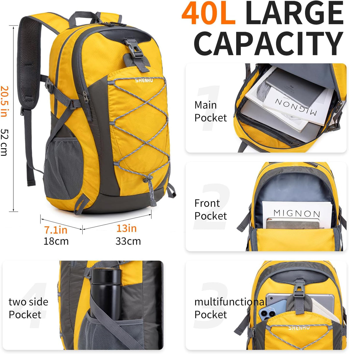 40L Hiking Backpack Lightweight Daypack Waterproof Travel Camping Backpack for Men Women Sport Packable - Roamly