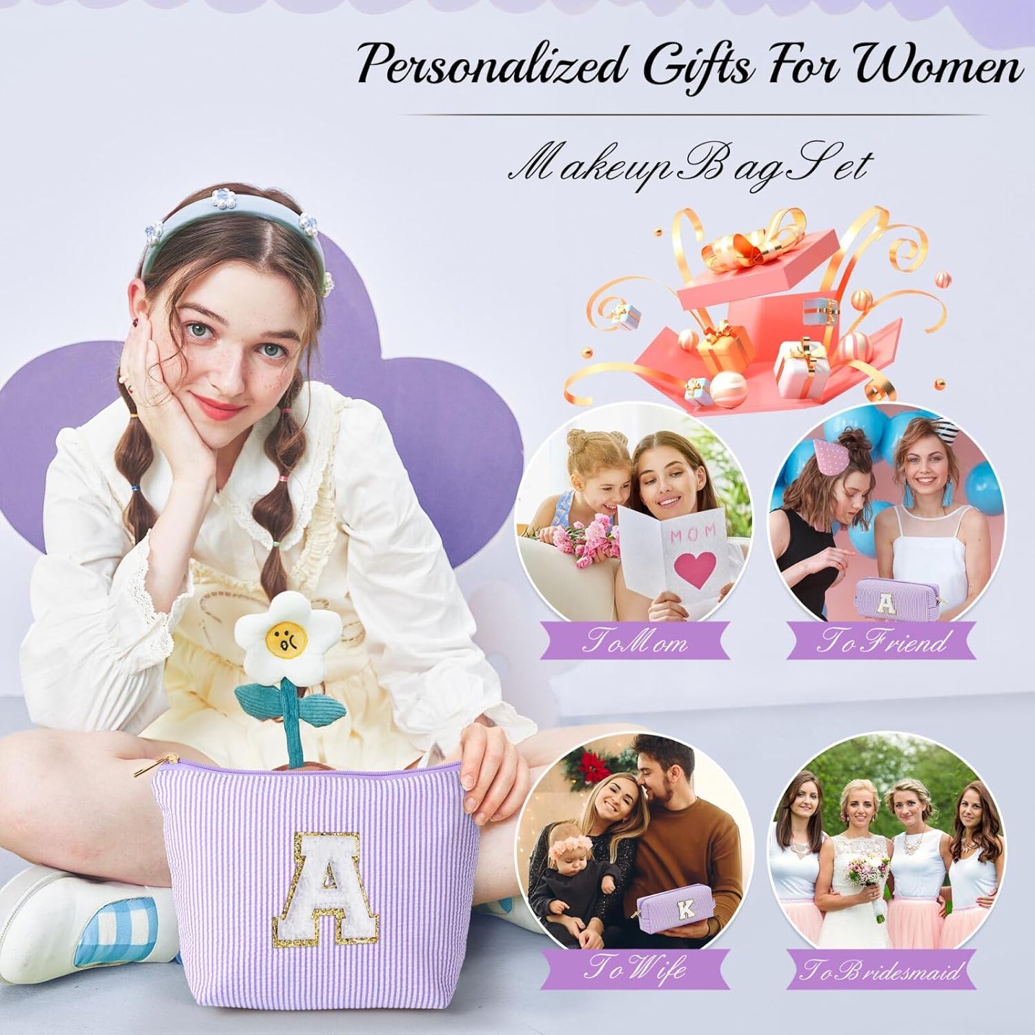 YOOLIFE Travel Makeup Bag Organizer - Small, Initial, Teen Girl Gift for Travel or Birthday - Roamly
