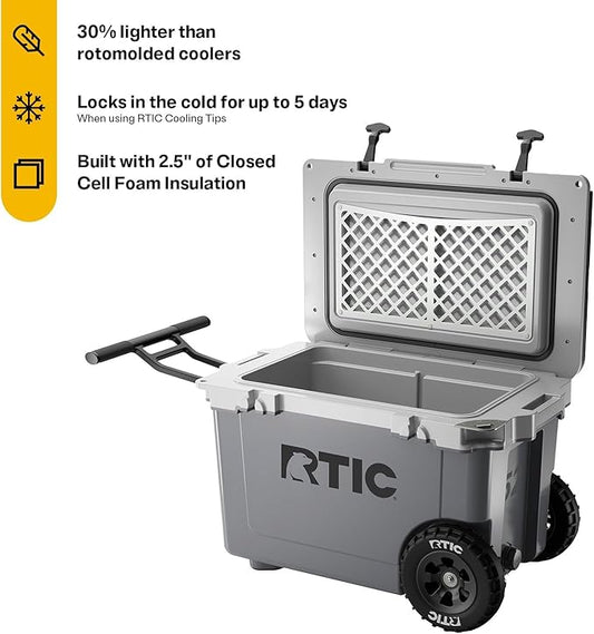 RTIC 52 Quart Ultra-Light Wheeled Hard Cooler Insulated Portable Ice Chest Box for Beach, Drink, Beverage, Camping, Picnic, Fishing, Boat, Barbecue, 30% Lighter Than Rotomolded Coolers