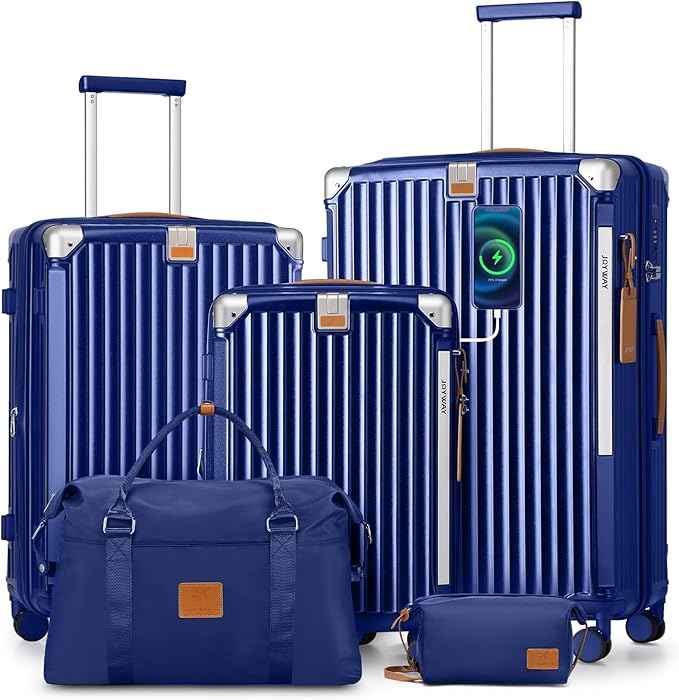Joyway 5 Piece Luggage Set with Cup Holder, Expandable 25% Capacity, Includes Handbag, Anti Slip Wheels, Hook, Smart Carry On Suitcase for Men and Women, Spinner Travel Blue