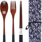 Wooden Chopsticks Spoon Fork Set Japanese Style Tableware Travel Utensils with Pouch for Camping,Picnic,Office or Home (Style A)