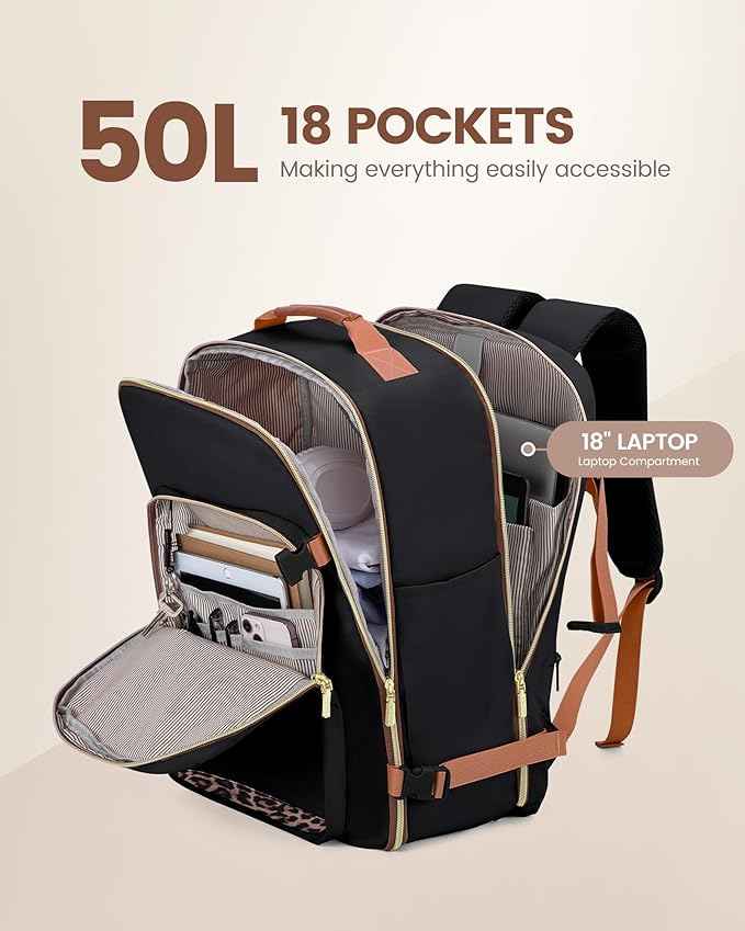 LOVEVOOK Travel Backpack for Women & Men 50L,Airline Approved Carry On Backpack Travel Essentials,TSA Carry on Luggage,Waterproof Personal Item Travel Bag Suitcase,3 Packing Cubes,Black-Leopard print